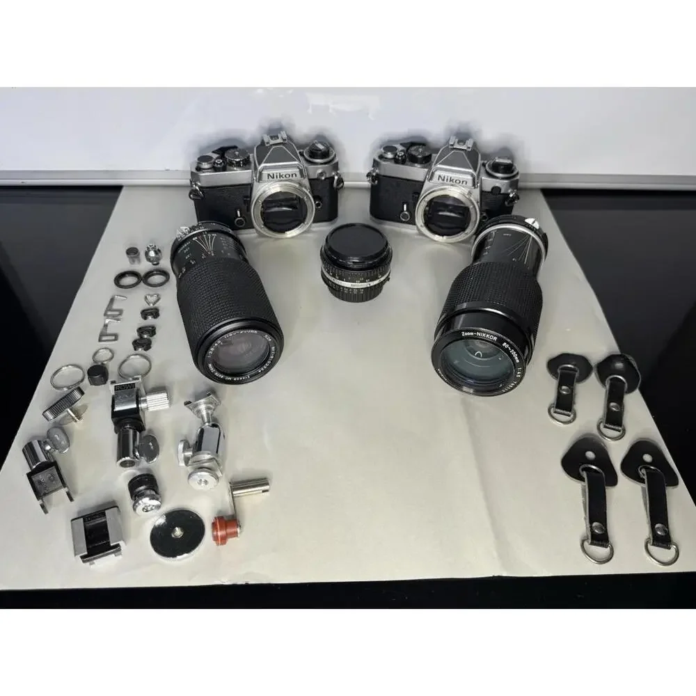 Vintage Nikon FE 35mm SLR Camera Bundle 2 Bodies 3 Lenses & Accessories